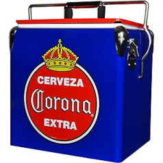 Corona Retro ledus lādes dzesētājs ar pudeļu attaisāmo 13L (14qt), 18 kārbu ietilpība, zilā un sarkanā krāsā, vintage stila ledus spainis kempingam, pludmalei, piknikam, dzīvojamajam dzīvojamam kemperim, bārbekjū, bagāžas nodalījuma durv