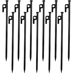 YAYODS 24 Pack Metal Tent Stakes Heavy Duty 12 Inch Black Ground Anchors with Hook and Hole High Strength Forged Steel Camping Tent Stakes for Hard Floors Outdoor Travel Hiking