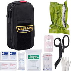 GRULLIN IFAK Med Trauma Kit, Mini Tactical MOLLE Emergency First Aid Kit, Outdoor Military Bug Out EMT Bag Field Dressing Kit for Adventure, Hunting, Camping, Hiking, Travel, Disaster (Black)