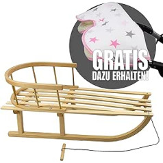 Bambiniwelt Wooden Sledge Children's Sledge 90 cm with Pull Rope and Backrest + Free Muff/Hand Warmer