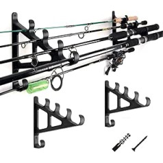 Horizontal Fishing Rod Holder for Wall Storage - Wall Mounted Fishing Rod Rack with Hooks, Holds 4 Rods, Space Saving for Fishing Rods, Hiking Poles, Ski Poles, Hockey Sticks and Cue