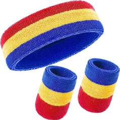 3 Piece Sweatband Set, incl. Sports Headband and Wrist Sweatbands, Cotton Striped Sweatband for Athletic Men and Women