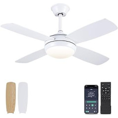 107 cm Ceiling Fans with Lights, White Modern Ceiling Fan with Remote Control and App Control, 6-Speed, Memory Function, Fan Lamp Ceiling for Bedroom, Living Room