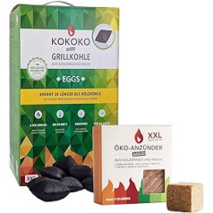 Koko EGGS ekologiški kokoso grilio briketai kiaušinio formos 8 kg ir Eco Lighter kubeliai