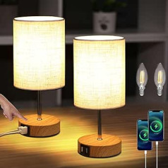 Bezgaismas 2 x naktslampa USB Touch LED galda lampa ar regulējamu modernu vintage ar koka pamatni retro auduma abažūrs ar E14 spuldzi silti balts viesistabai guļamistabas galds bērnu istabai bēšs