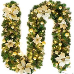 NAVESO Christmas Garland with Lighting, Artificial Fir Garland with Flowers, Christmas Wreath with 50 LEDs, Fir Garland for Home, Stairs, Fireplace, Front Door, Display, Indoor, Outdoor Decoration,