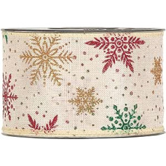 10 m x 63 mm Christmas Ribbon No.8 Cream Snowflakes Gold Red Green Shiny Fabric Ribbon without Wire Decorative Ribbon with Glitter Shiny Ribbon Gift Ribbon Christmas Ribbon Advent Lurex