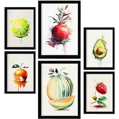 Nacnic Summer Fruits plakāti. Plakāti ar augļiem, dārzeņiem un veselīgu pārtiku akvareļu mākslas stilā uz tīri balta fona. Interjera dizains un dekorēšana. A4 un A3