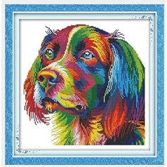 14CT DIY Pre-Printed Cross Stitch Sets Crafts Complete Range Pre-Printed Embroidery Starter Kits for Beginners - Rainbow Dog 34 x 34 cm