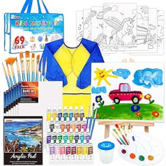 Shuttle Art Kids Painting Set, 69 Pieces Kids Painting Set with 30 Colorful Acrylic Paints, Easel, Canvas, Colouring Book, Brush, Palette, Painting Coat and Storage Bag, Suitable for Kids