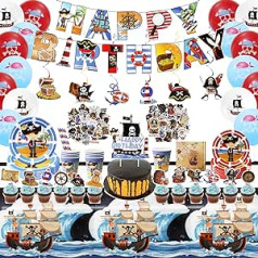 149 vienetų piratų dekoravimo indų rinkinys vaikams gimtadienio proga, piratinės dekoratyvinės lėkštės, piratinė staltiesė, balionai, servetėlės, lipdukai, kabantys suktukai, torto dekoravimas, piratų vaikų gimtadienis