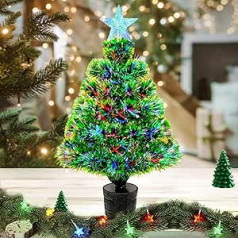 Mākslīgā mini Ziemassvētku eglīte, optiskās šķiedras apgaismojums, maza darbvirsmas Ziemassvētku eglīte ar koka galotni, RGB apgaismojums galda dekorēšanai svētku dienās, 55 cm