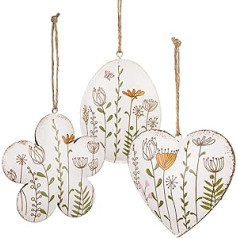 Logbuch-Verlag Easter Spring Decorative Pendant Heart + Flower + Easter Egg Metal 3-Piece Set White Colourful for Hanging 11 cm