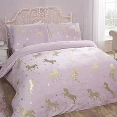 Sleepdown Foil Flannel Unicorn Blush Stars Reversible Soft Duvet Cover Bedding Set with Pillow Case 135x200cm