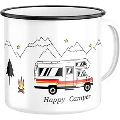 Fluffy Dreams Enamel Mug Happy Camper Coffee Cup Camping Mug Retro Motorhome Vanlife Outdoor Cup Metal Mug Lightweight & Robust for Camping Overland Adventure Leisure Travel Gift 330 ml