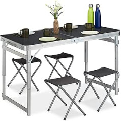 Relaxdays Folding Camping Table Set, with 4 Chairs, Folding, Height-Adjustable Camping Table, 120 x 60 cm, Aluminium, Medium-Density Fibreboard (MDF), Silver/Grey