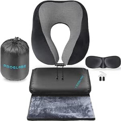 Proglobe Neck Pillow Travel Set - Travel Pillow for Flight Travel 100% Memory Foam with Comfortable and Breathable Cover Includes 3D Sleep Mask, Earplugs and Luxury Blanket and Bag