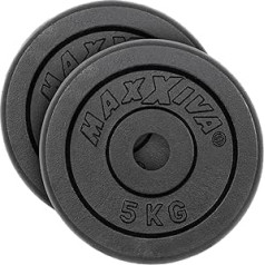 MAXXIVA Svara šķīvji Komplekts no 2 svara šķīvjiem 5 kg Katrs 100% čuguns melns 10 kg Fitness Spēka treniņš Kultūrisms Treniņš Svara celšana Rehabilitācija