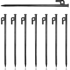 Pack of 8 Pegs, Stable, 30 cm Tent Pegs, Pegs with Hooks and Holes, Camping Tent Pegs, Steel Tent Pegs for Hard Floors, Storm Proof for Outdoor Use (Black)