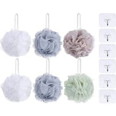 Anlising 6 Pieces Bath Sponge, Massage Sponge, Mesh Brush Shower Sponge, Soap Sponge, Bath Shower Sponge, Loofah Balls, 6 Pieces Transparent Hooks, for Women Men Exfoliating Skin Clean Soothing Skin