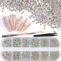 ‎Belleboost 3600 Round Glass AB Rhinestones 6 Izmēri plakana muguras kristāla akmens dekorācija nagu mākslas pincetei un pildspalvai komplektā