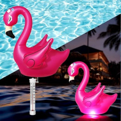 Peldošs baseina termometrs, 48 cm saules lampas, ūdensizturīgs IP65 peldošs termometrs ar LED gaismu, baseina termometrs, āra, piepūšamais Flamingo