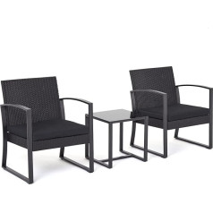 Mondeer Rattan Garden Furniture Set, Glass, Black, Chair: 59 x 53 x 73.5 cm