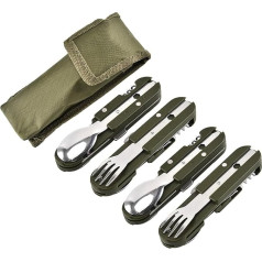 5 in 1 Stainless Steel Camping Tableware Camping Tools Outdoor Tableware Multifunctional Folding Travel Harness (4 Pieces)