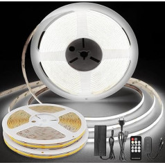 TTWAY COB LED lente 20 m, 6000 K DC24 V LED lente ar barošanas avotu, tālvadības pults, 384LEDs/M, CRI 90+, 8 mm platums, aptumšojama LED lente mājas dekorēšanai, gaiši balta (2 x 10 m)