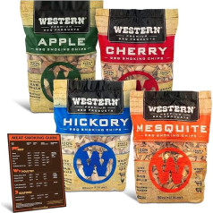 Western BBQ Premium Räucherchips aus Holz, 4er-Pack (Apfel, Kirsche, Hickory, Mesquite) Fleischtemperaturmagnet