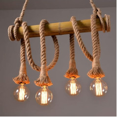 ZTTECH Industrial Retro 4-Light Bamboo Hemp Rope Pendant Light Chandelier Lamp (4 Light)