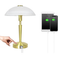 Nakts lampas, pieskāriena lampa ar 2 USB uzlādes pieslēgvietām, stikla abažūrs, galda lampa, aptumšojama galda lampa guļamistabai, viesistabai, lasīšanai, darbam (zelta krāsā)