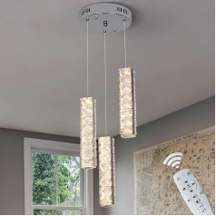 3-Light Modern Crystal Pendant Light with Remote Control, 3-Colour Dimmable Glass LED Pendant Light Height Adjustable Chandelier for Kitchen Island, Dining Room, Living Room, Bedroom