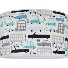 youngDECO® Lampa bērnu istabai un bērnu istabai, Happy Cars, 2 x E27, diametrs 38 cm, liels auduma abažūrs, bērnistabas dekors zēniem, pilnīgs griestu apgaismojums bērnu istabai, ražots ES