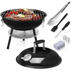 Joyfair 14 Inch Small Charcoal Grill with Tools, 7 Piece Portable Camping Grill Smoker Set for Outdoor Grill/Table Cooking, Enamel Firebox and Extra Thick Steel, Brush, Clean Brick