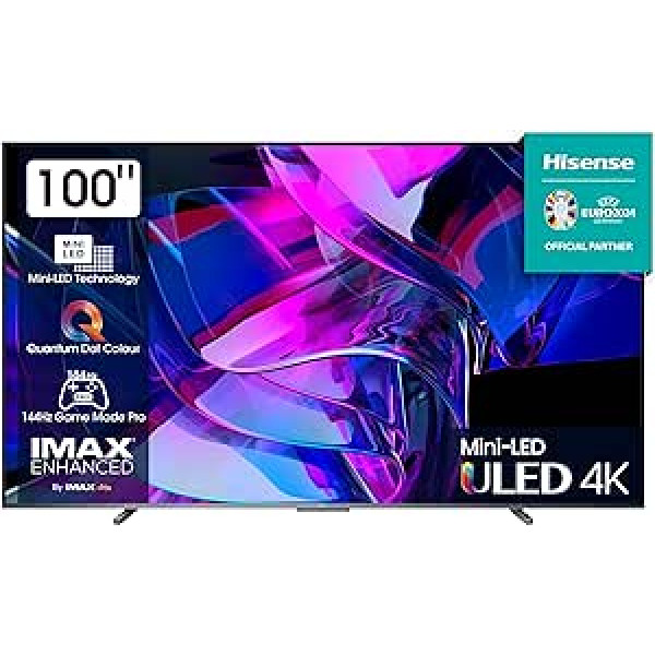 Hisense 100U7KQ (100 collu) televizors 4K Mini LED ULED HDR Smart TV, Quantum Dot, 120Hz, HDMI 2.1, Game Mode Pro, Dolby Vision IQ & Atmos, Bluetooth, Alexa iebūvēts, antracīts