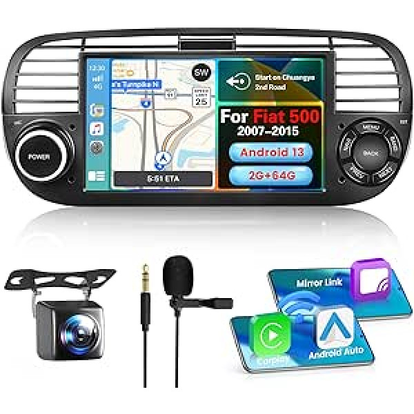 Hikity Wireless Carplay automašīnas radio ar satelīta navigācijas ierīci Fiat 500 2007-2015 Android 13 7 collu 2G 64G automašīnas radio stereo ar Bluetooth WiFi FM RDS Mirror Link Android automašīnas MIC atpakaļgaitas kameru (iekļauts