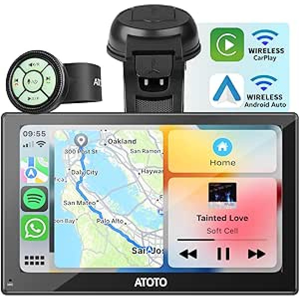 ATOTO portatīvais automašīnas radio 7 collu QLED pretatspīduma skārienekrāns, bezvadu CarPlay/Android Car, automātiska aptumšošana, bezvadu tālruņa saite, Bluetooth, AUX/FM izeja, tālvadības pults, GPS satelīta navigācija, P507SD-S01