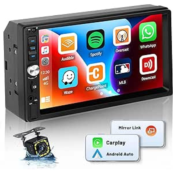 Hikity Double DIN automašīnas radio Bluetooth ar Apple Carplay Android Car Mirror Link Android/iOS ierīcēm, 7 collu automašīnas radio ar FM radio USB TF AUX tālvadības pults atpakaļgaitas kamera