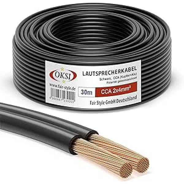 OKSI skaļruņu kabelis 2 x 4 mm² 30 m melns CCA (varš + alumīnijs) HiFi, audio stereo pieslēgšanai pastiprinātājam, telpiskās skaņas sistēmai, TV mājas kinozālei un automašīnas radio