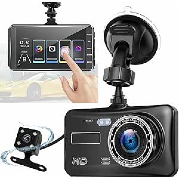 Dash Cam priekšā un aizmugurē 1080P Full HD Dual Dash kamera automašīnas kamerā Informācijas paneļa kamera Dashcam automašīnām 170 platleņķa HDR ar 4 collu skārienekrāna LCD displeju Nakts redzamības kustības noteikšana un