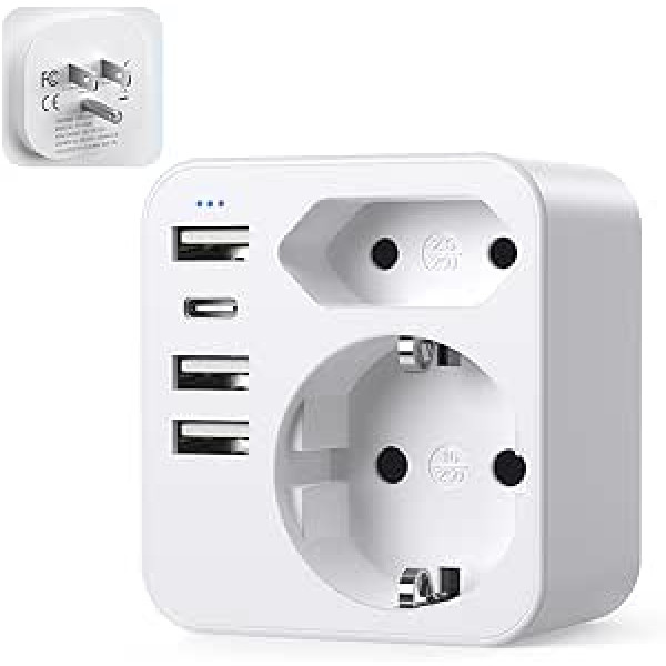 6-in-1 ceļojumu adapteris ASV ar 3 USB 1 USB C (3,4 A), ar 2 ligzdas adapteriem, ASV Vācija Spraudnis Amerikai Kanāda Meksika Taizeme