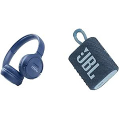 JBL Tune 510BT — Bluetooth austiņas zilā krāsā — salokāmas austiņas ar brīvroku funkciju un GO 3 maza Bluetooth kārba zilā krāsā — ūdensizturīgs pārnēsājams skaļrunis ceļojumiem