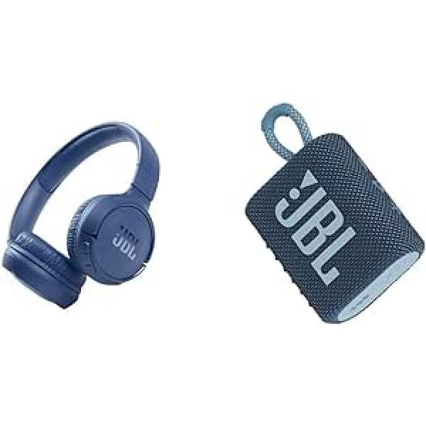 JBL Tune 510BT — Bluetooth austiņas zilā krāsā — salokāmas austiņas ar brīvroku funkciju un GO 3 maza Bluetooth kārba zilā krāsā — ūdensizturīgs pārnēsājams skaļrunis ceļojumiem