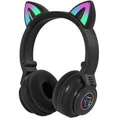 DASNTERED Cat Ear spēļu austiņas, Bluetooth 5.0 bezvadu austiņas uz ausīm ar LED gaismu, salokāmas stereoaustiņas, austiņas ar mikrofonu bērniem un pieaugušajiem (melnas)