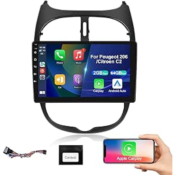 2+64G Hodozzy Apple Carplay automašīnas radio priekš Peugeot 206/206cc Citroen C2 2002-2010,9 collu skārienekrāna Android automašīnas radio Bluetooth brīvroku funkcija ar Android Car/GPS/WiFi/FM/RDS/HiFi/USB+Canbus