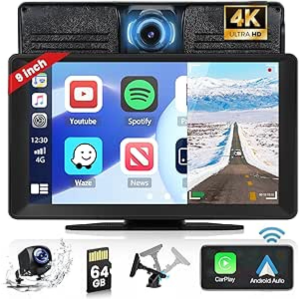 Hikity Wireless Carplay un Android automašīnu pārnēsājamais automašīnas radio ar 4K Dash Cam 9 collu skārienjutīgs displejs ar GPS Bluetooth WiFi ADAS FM Mirror Link 64 GB TF + atpakaļgaitas kamera