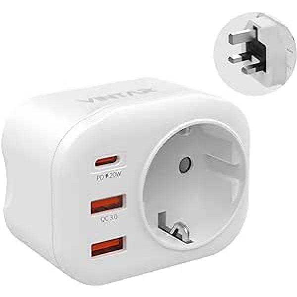 Ceļojumu adapteris UK Adapteris Anglija Vācija Plug, VINTAR 1PC 20W PD&QC 3.0 Socket Adapter Travel Plug Barošanas adapteris ar 2 USB-A un 1 USB-C Lielbritānijai Anglijai Īrijai Malaizijai, TypG