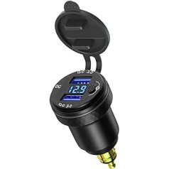 DIN Powerlet Male uz Dual Quick Charge 3.0 USB uzlādes adapteri ar voltmetru un slēdzi motocikliem Ducati, Triumph, BMW motocikliem (melns)