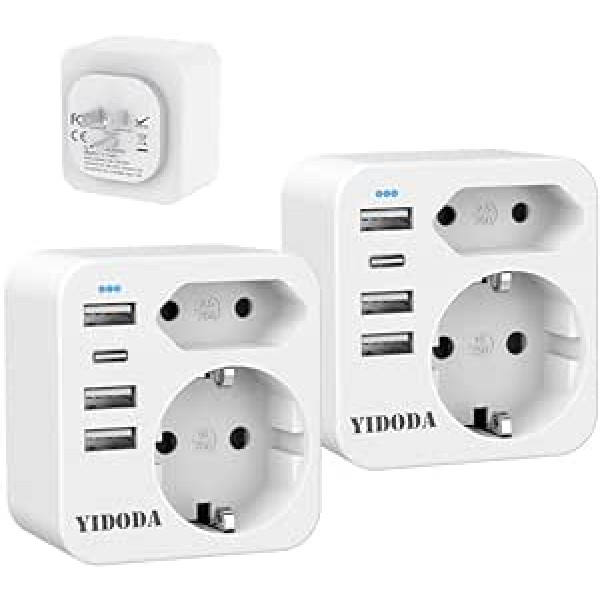 YIDODA ceļojumu adapteris ASV adapteris Amerika Vācija Spraudnis ar 4 USB 3.4 A, adapteris ASV ligzda, kontaktligzdas adapteris ceļojumu kontaktdakša Barošanas adapteris Kanādai Taizemei Meksikas sienas lādētājs — 2 gab.